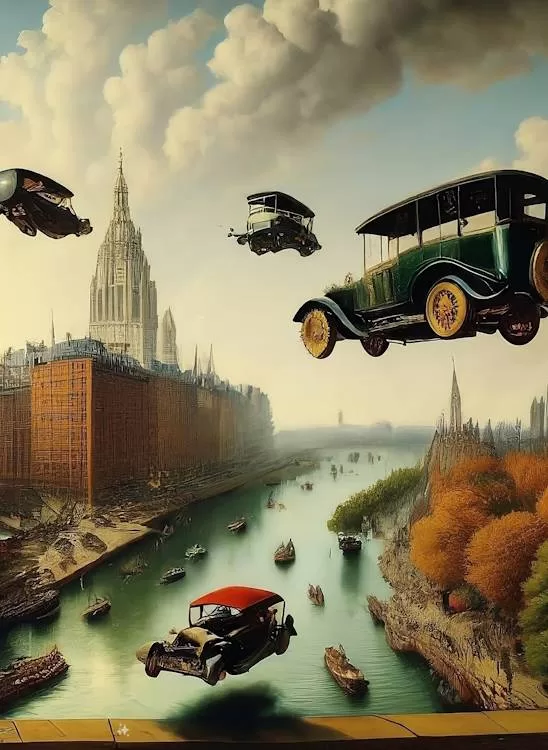AI genererede 19-tallets realismestil bybilledet og flyvende biler tapet nr. 11