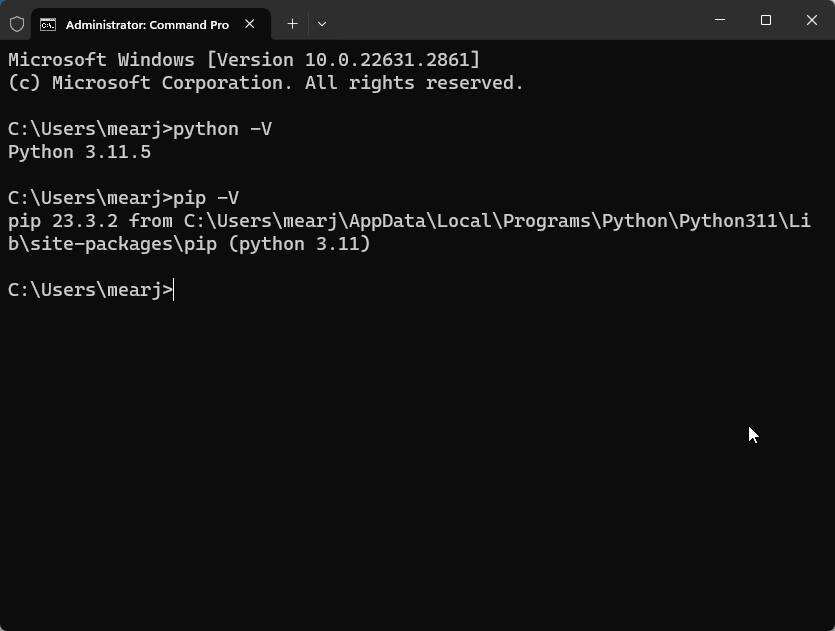 Bekräfta om Python och Pip är installerade. Bild 2