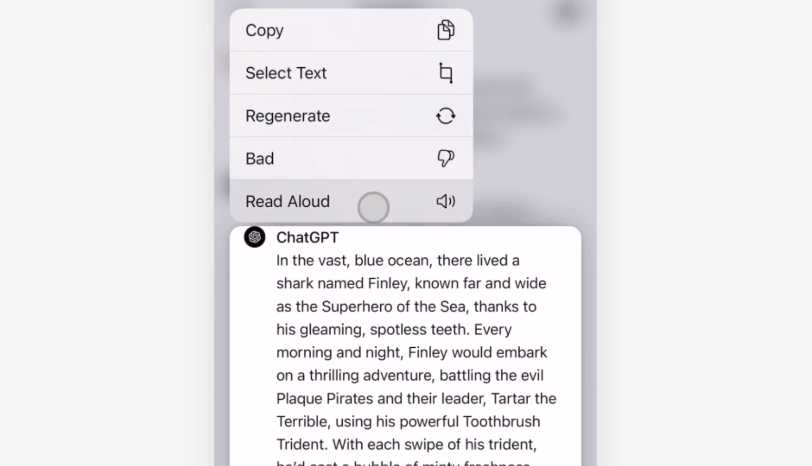 ChatGPT موبائل ایپ پر، آپ کسی بھی متن پر کلک کر سکتے ہیں اور پڑھنے والے پلیئر کی دوسری تصویر کو کھولنے کے لیے اسے دبا کر رکھ سکتے ہیں۔