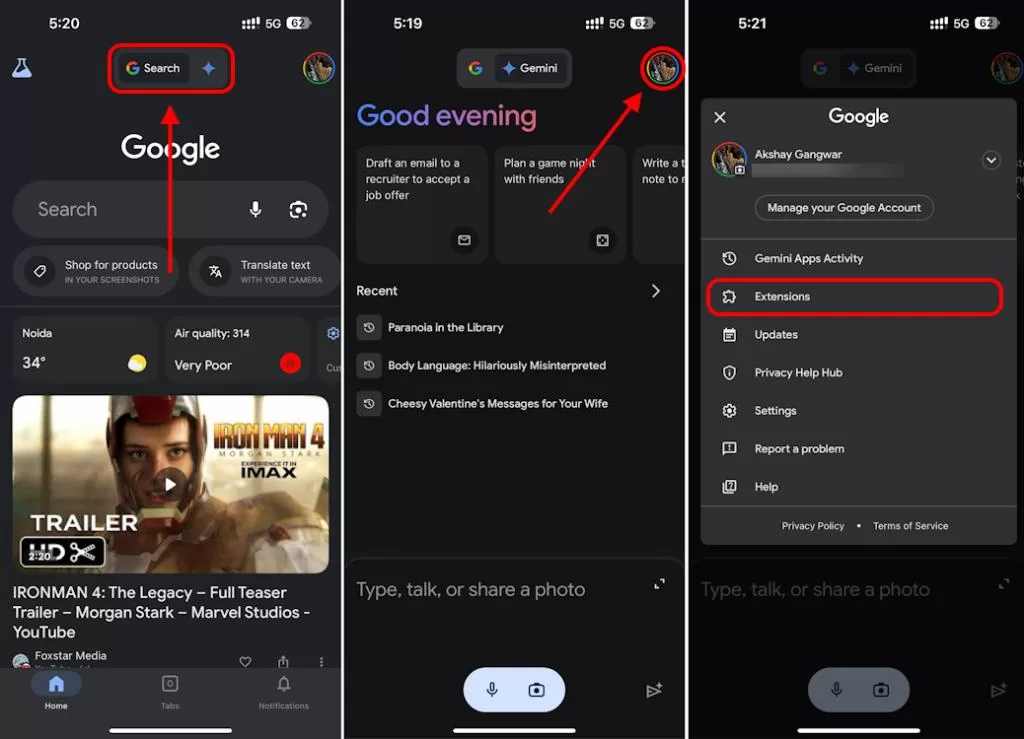 Google iOS యాప్ నంబర్ 6లో YouTube పొడిగింపును టోగుల్ చేయండి