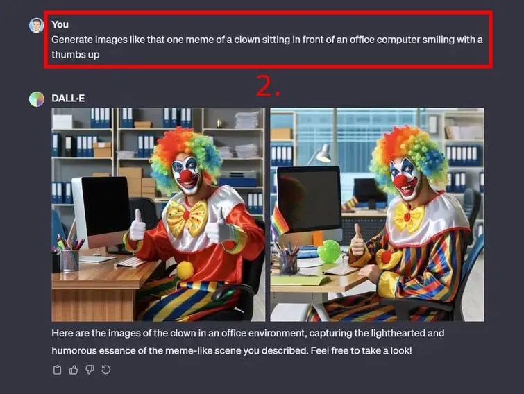 Опишите изображение, которое вы хотите, чтобы ChatGPT сгенерировал (например, сгенерировал изображение клоуна), и отправьте совет 2.