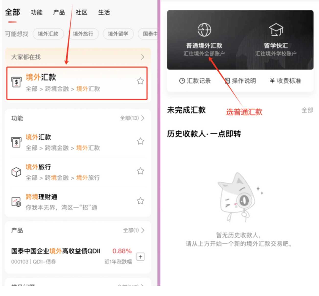 境外汇款① 在国内银行 APP 上搜索“境外”，选择“境外汇款”，然后选择“普通境外汇款” 