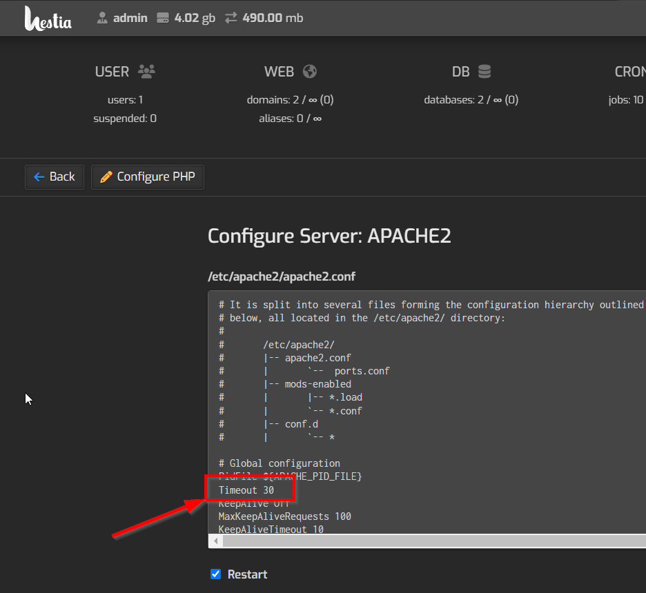 解决HestiaCP Gateway timed out. The gateway did not receive a timely response from the upstream server or application.