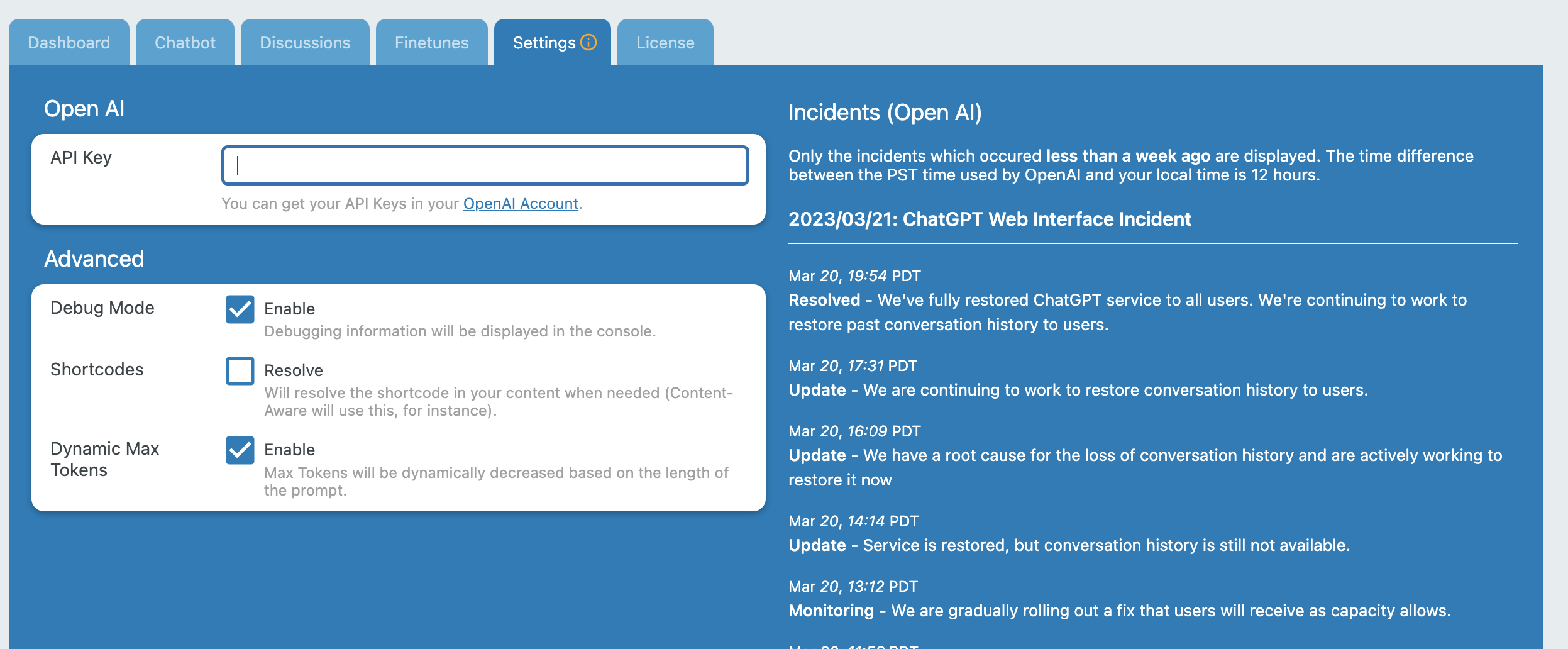 按下 “设置” 按钮后，你会看到需要填写 OpenAI API Key 的输入框