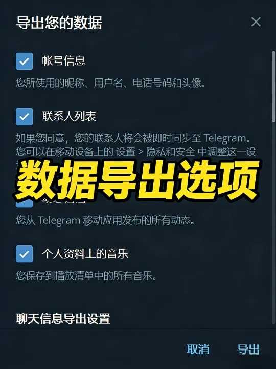 你可以选择导出聊天记录、媒体文件、贴纸，甚至账户信息。