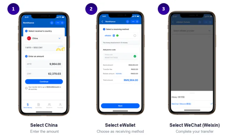 打开Touch ’ n Go eWallet,进入「转账」功能。 选择「转账到国外」。 进行身份验证,并阅读、同意条款条例。 在收款国家选择「中国」,并输入要转账的金额。 打开Touch ’ n Go eWallet,进入「转账」功能。 选择「转账到国外」。 进行身份验证,并阅读、同意条款条例。 在收款国家选择「中国」,并输入要转账的金额。